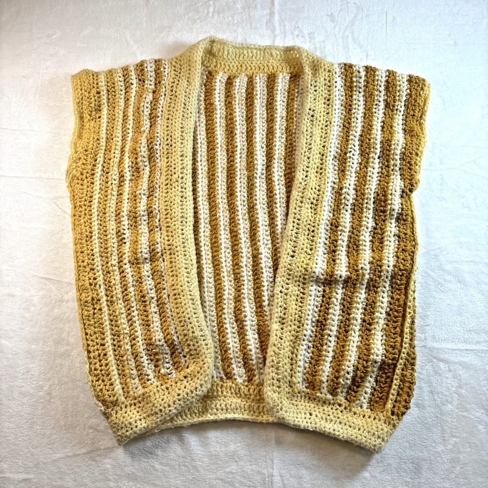 Vtg Handmade Crochet Open Vest Boho Hippie 70s Size L Festival Yellow Stripes